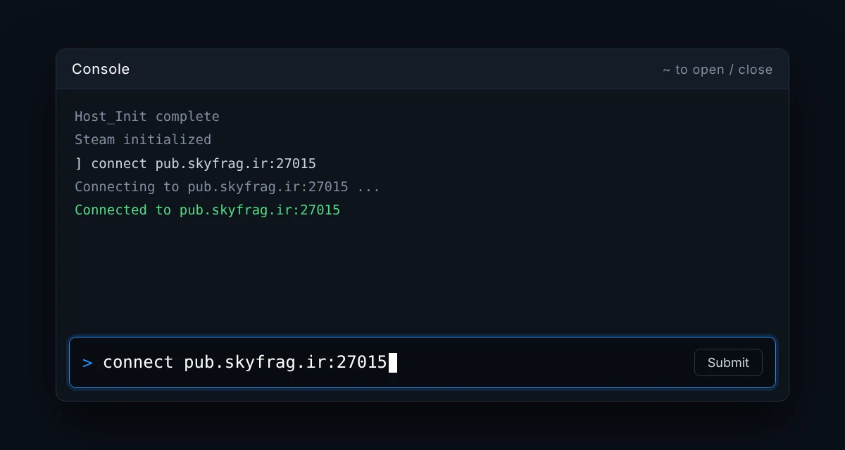 کنسول بازی با دستور connect pub.skyfrag.com:27015